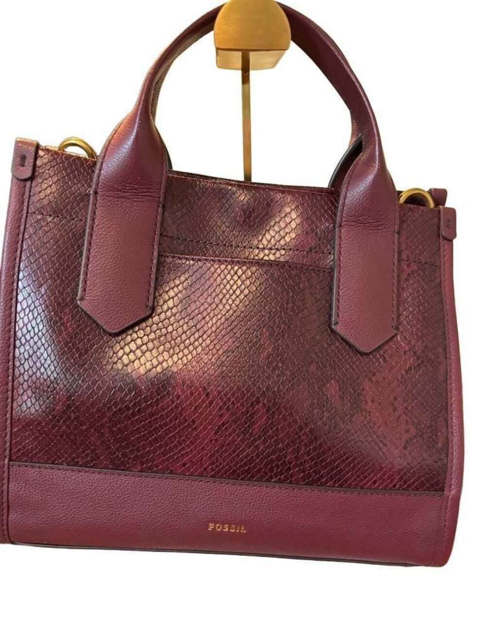 Fossil Burgundy Wine Snakeskin Embossed Leather Satchel Tote Bag Oxblood